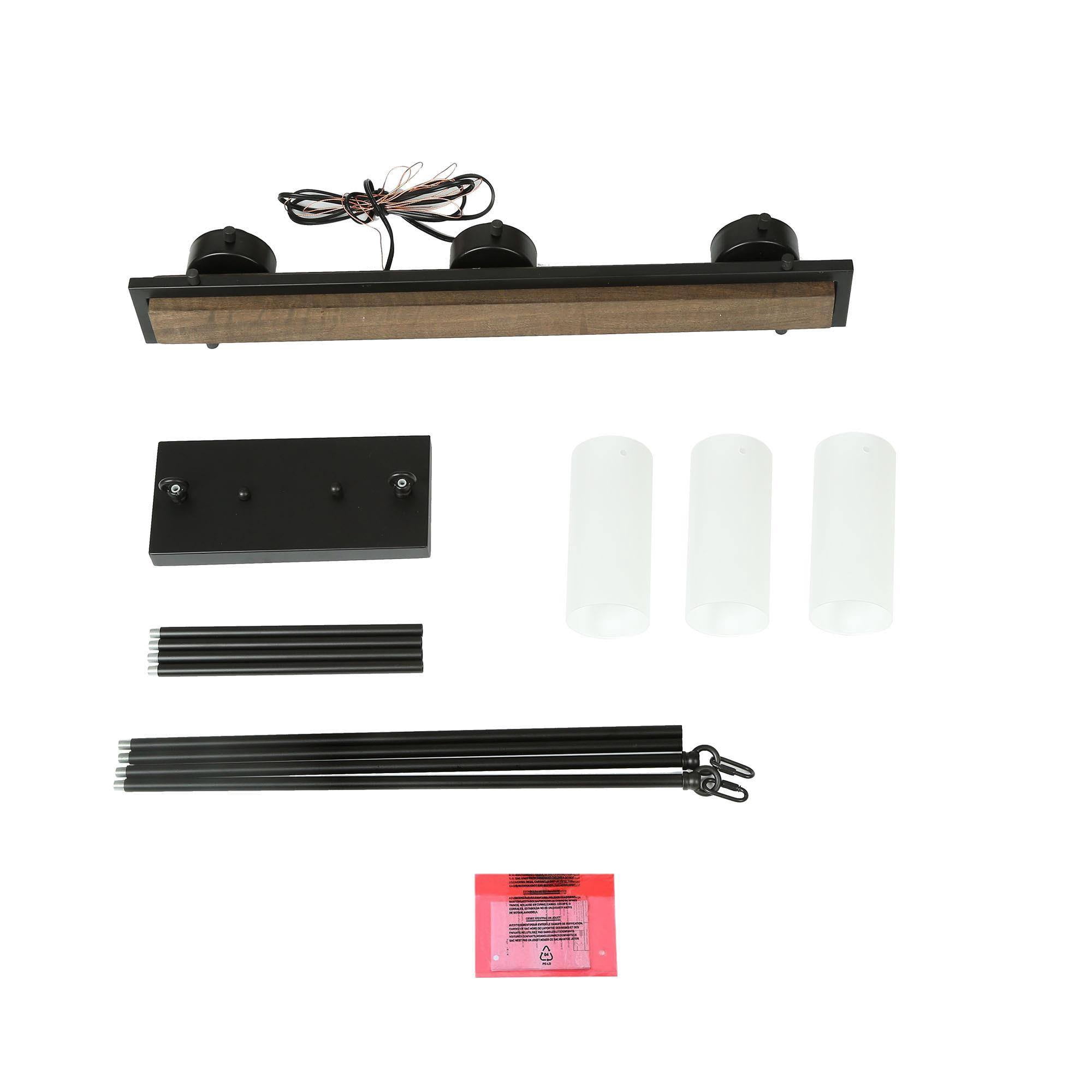 LNC Farmhouse Wood & Black 3-Light Linear Chandelier with Frosted Glass, Adjustable