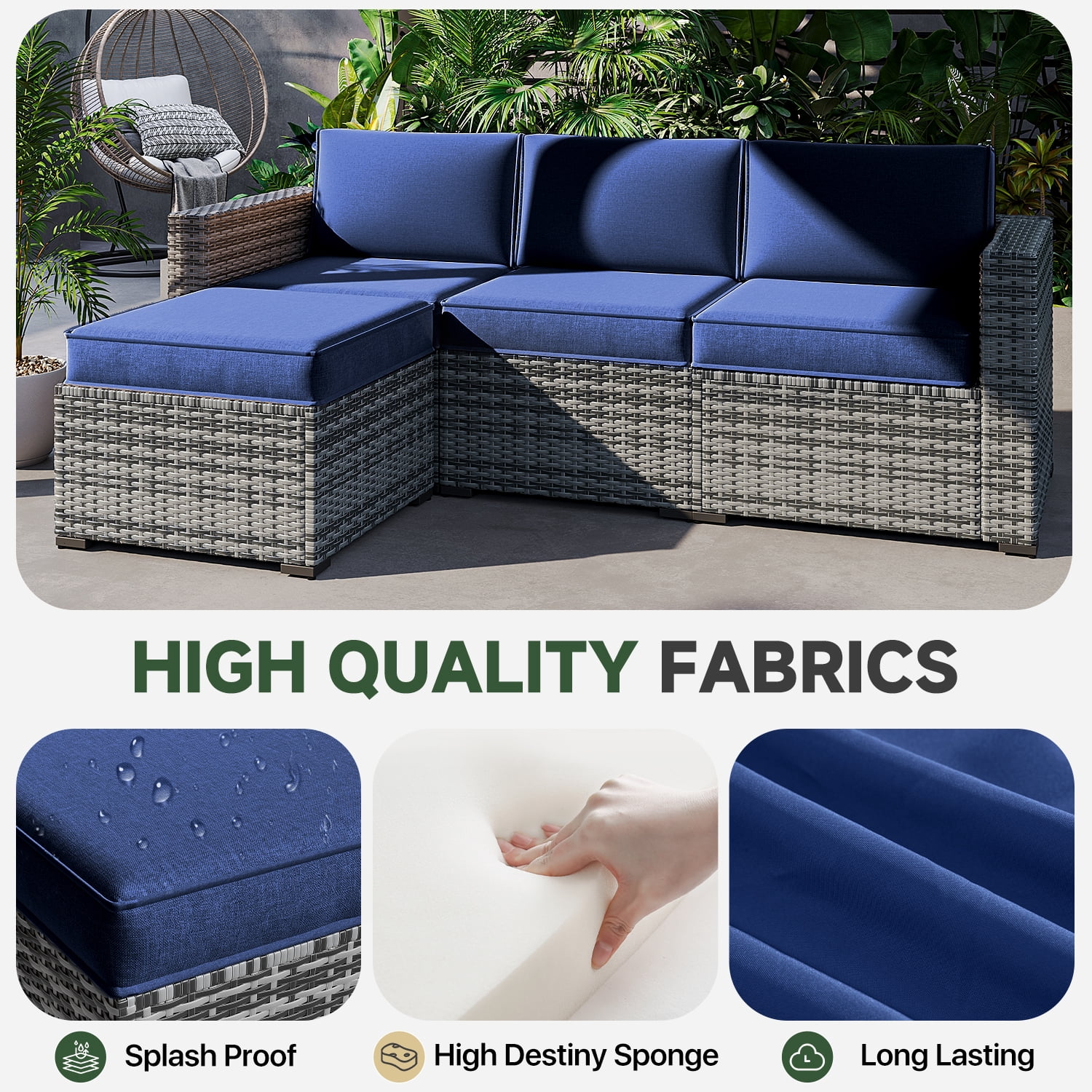 BaPiPro 4-Person Navy Blue Outdoor Sectional Sofa Cushions, Waterproof Polyester Patio Cushions with High-Density Sponge, No Assembly Required, for Backyard, Balcony, Deck, Poolside