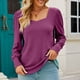 thumbnail image 2 of Camisa de punto para mujer, cuello cuadrado, mangas largas abullonadas, puños abotonados, camisa de punto de corte informal, rojo rosa S, 2 of 5