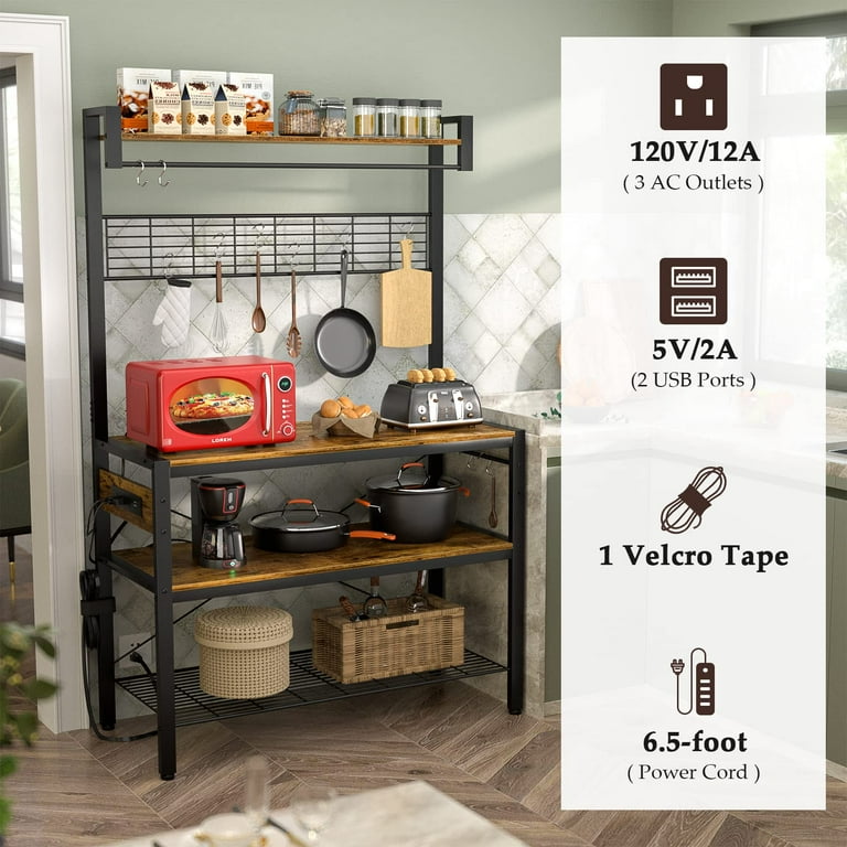 Bestier 3-Tier Baker's Rack with Cabinet, Kitchen Storage Shelves,  Microwave Oven Stand, Coffee Bar with Hooks in Grey 