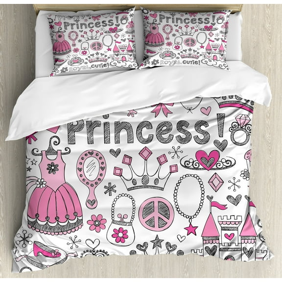 Cartoon Duvet Cover Set, Tale Cartoon Tiara Crown Notebook Doodle Design Sketch Illustration, Decorative 3 Piece Bedding Set with 2 Pillow Shams, King Size, Grey Pink White, by Ambesonne