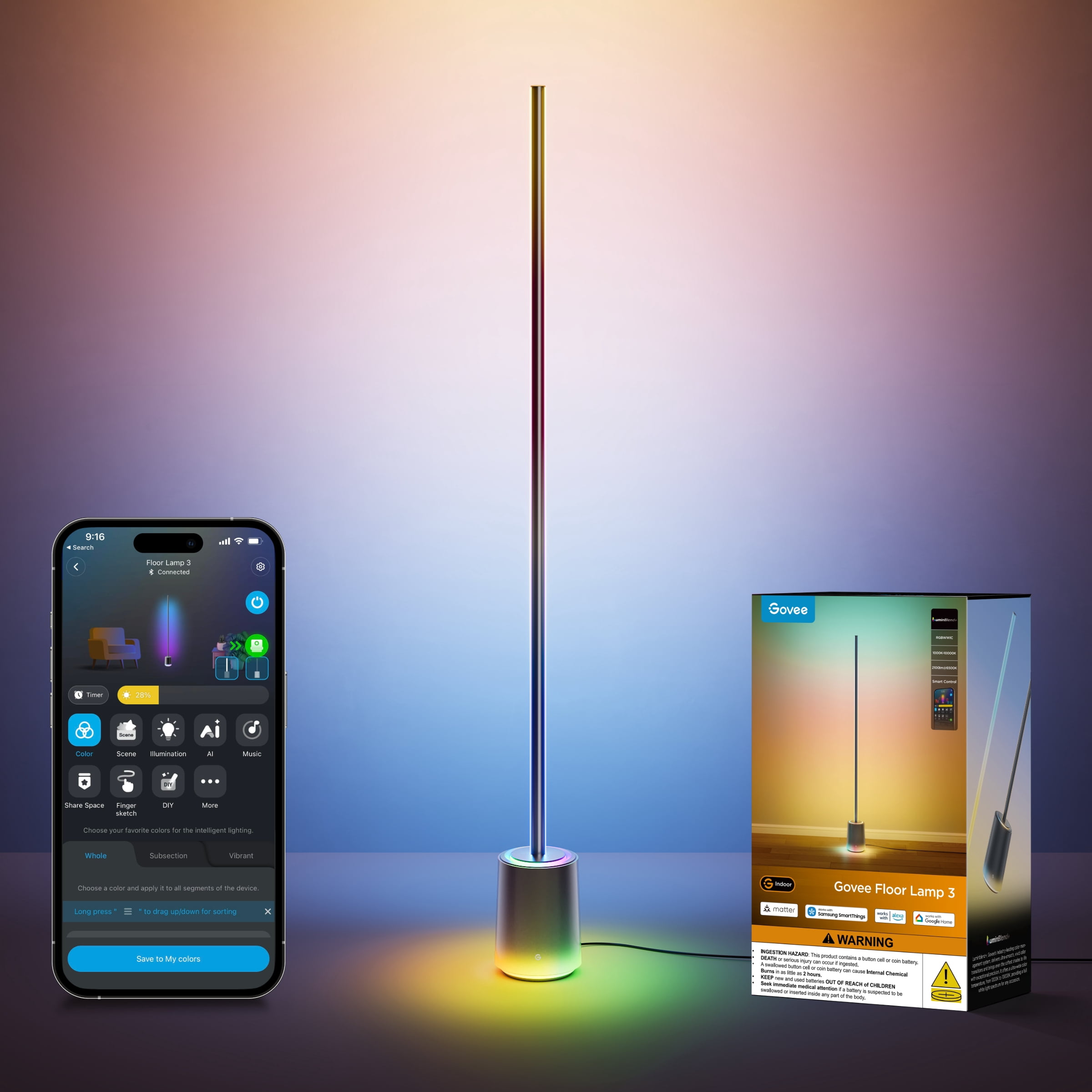 Govee Floor Lamp 3 with Luminblend+ Technology, 2100lm Standing Lamp, Work with Matter,1000K-10000K Modern Floor Lamps for Living Room, Bedroom, Office, Corner Lamp with Dynamic Scenes, DaySync