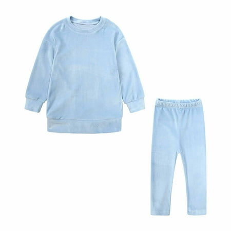 

YWDJ 1-7 Years Girls Outfit Set Fall Winter Crew Neck Long Sleeve Casual Gold Silk Trousers Set Blue 6-7 Years