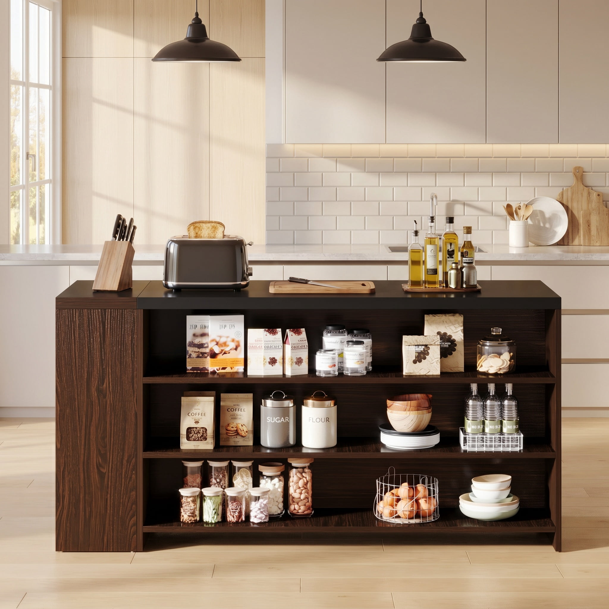 Fnova 55" Kitchen Island with 5 Shelves, Farmhouse Stationary Island Table, Large Stationary Storage Cabinet for Kitchen Dining Room, Dark Brown