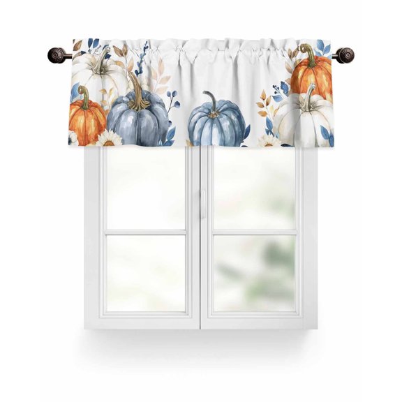 Fall Thanksgiving Kitchen Valances for Windows Orange White Blue Pumpkin Valance Curtains for Kitchen /Living Room/Bedroom/ Bathroom Decor, 42"x12 " ,Rod Pocket 1 Panel, Rustic Leaf Flower