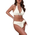 thumbnail image 4 of INSPIRE CHIC Women's O Ring Seashell Pendants Ribbed Bikini Sets, 2 Piece Halter Top Triangle Bottoms Swimwear Bathing Suits Small Cream, 4 of 5