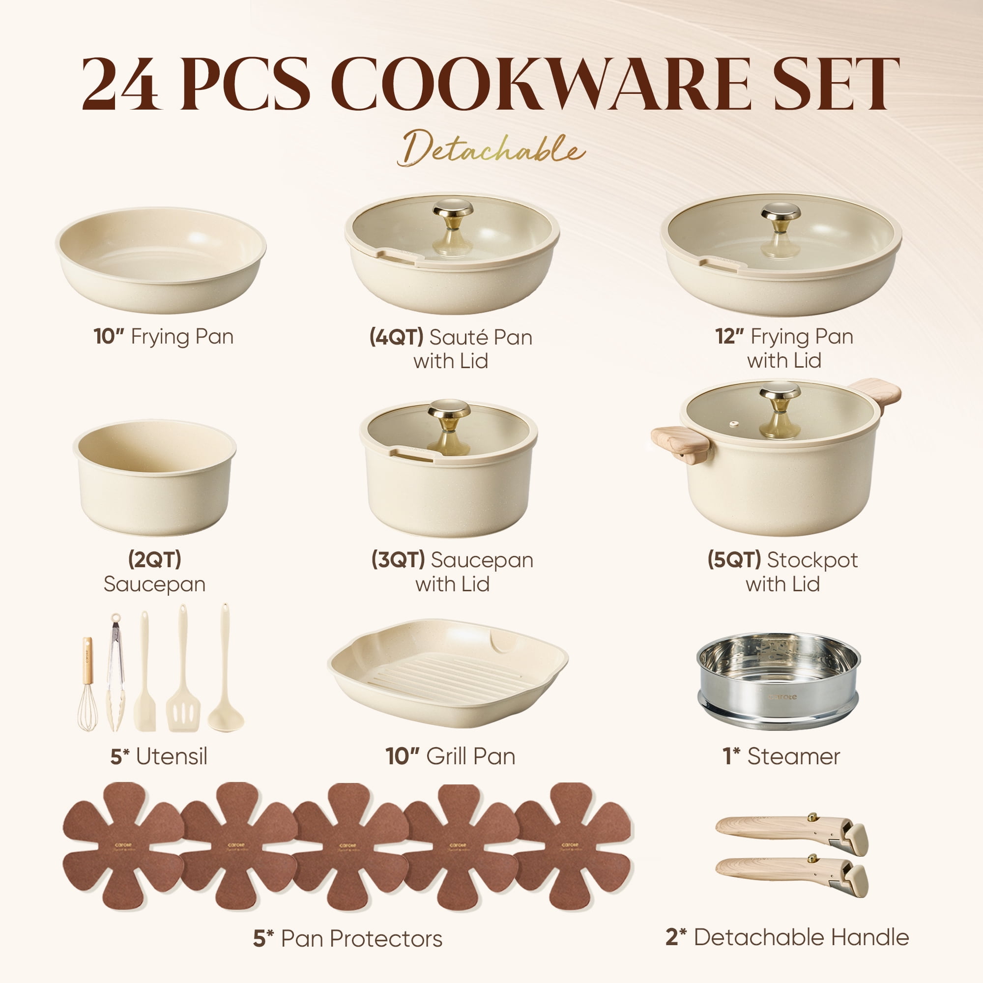 Carote 24-Piece Detachable Cookware Set, Khaluna Cream White, Ceramic Nonstick, Made Without Intentionally Added PFAS