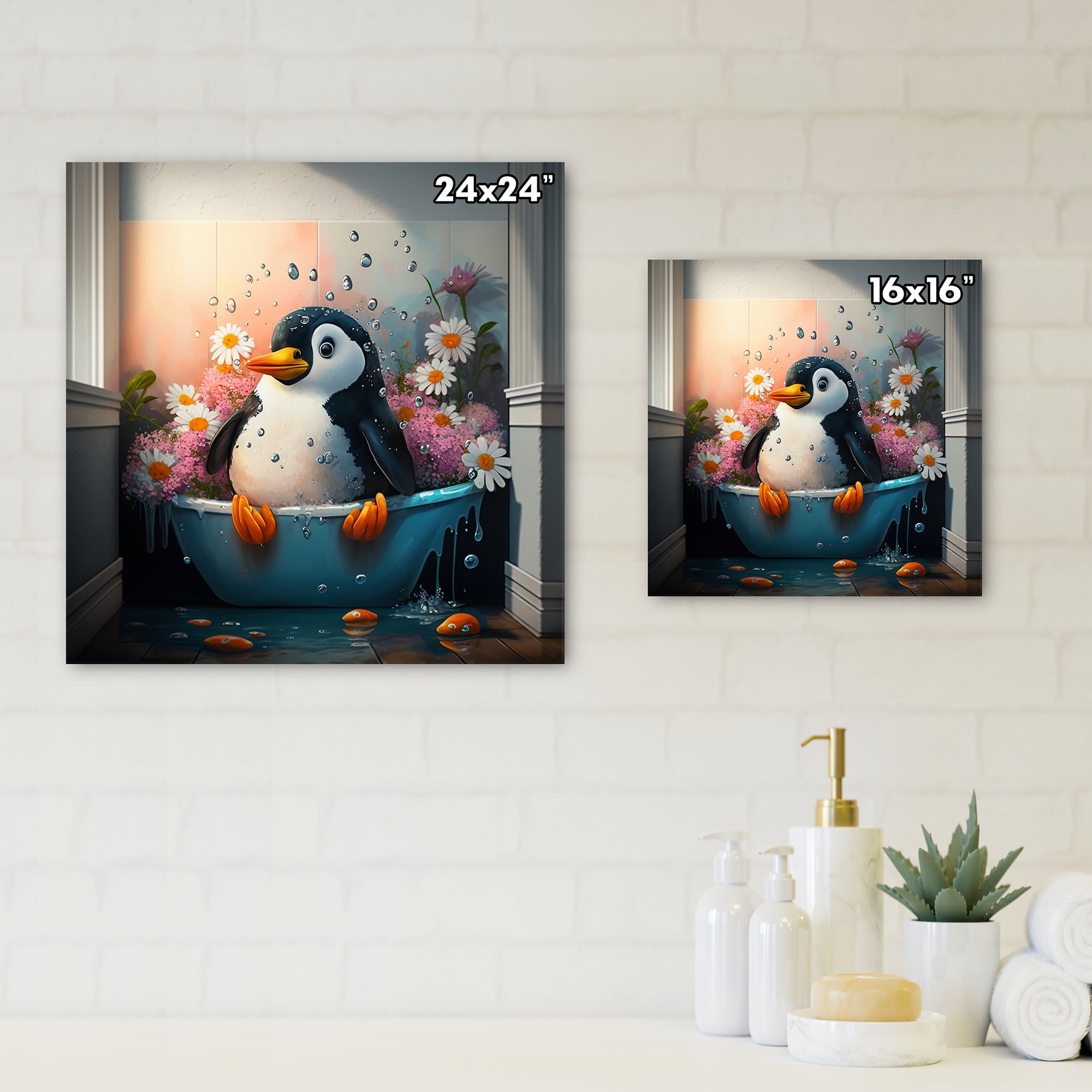 Designart Silly Penguin Bathing With Blooming Flowers III Canvas Wall Art