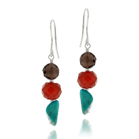 Smokey Quartz Birthstone - Sterling Silver Smokey Quartz, Carnelian & Created Turquoise Nuggets Dangle Earrings