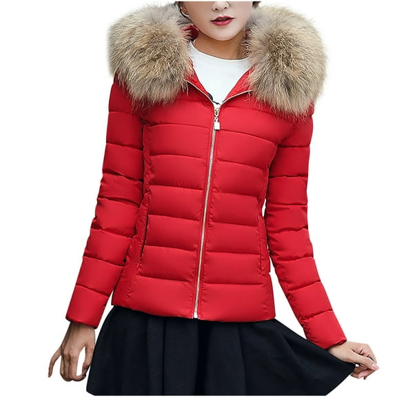 UTSJKR Women's Winter Puffer Jacket Faux Fur Hood Warm Lightweight Down Coat Thick Winter Padded Jacket Outerwear Red L