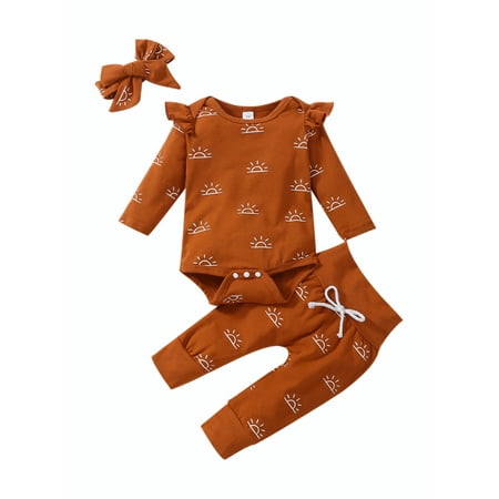 

Sunisery 3Pcs Newborn Baby Girls Boys Sun Print Clothes Long Sleeve Romper Tops+ Pants+ Headband Outfits Brown 12-18 Months