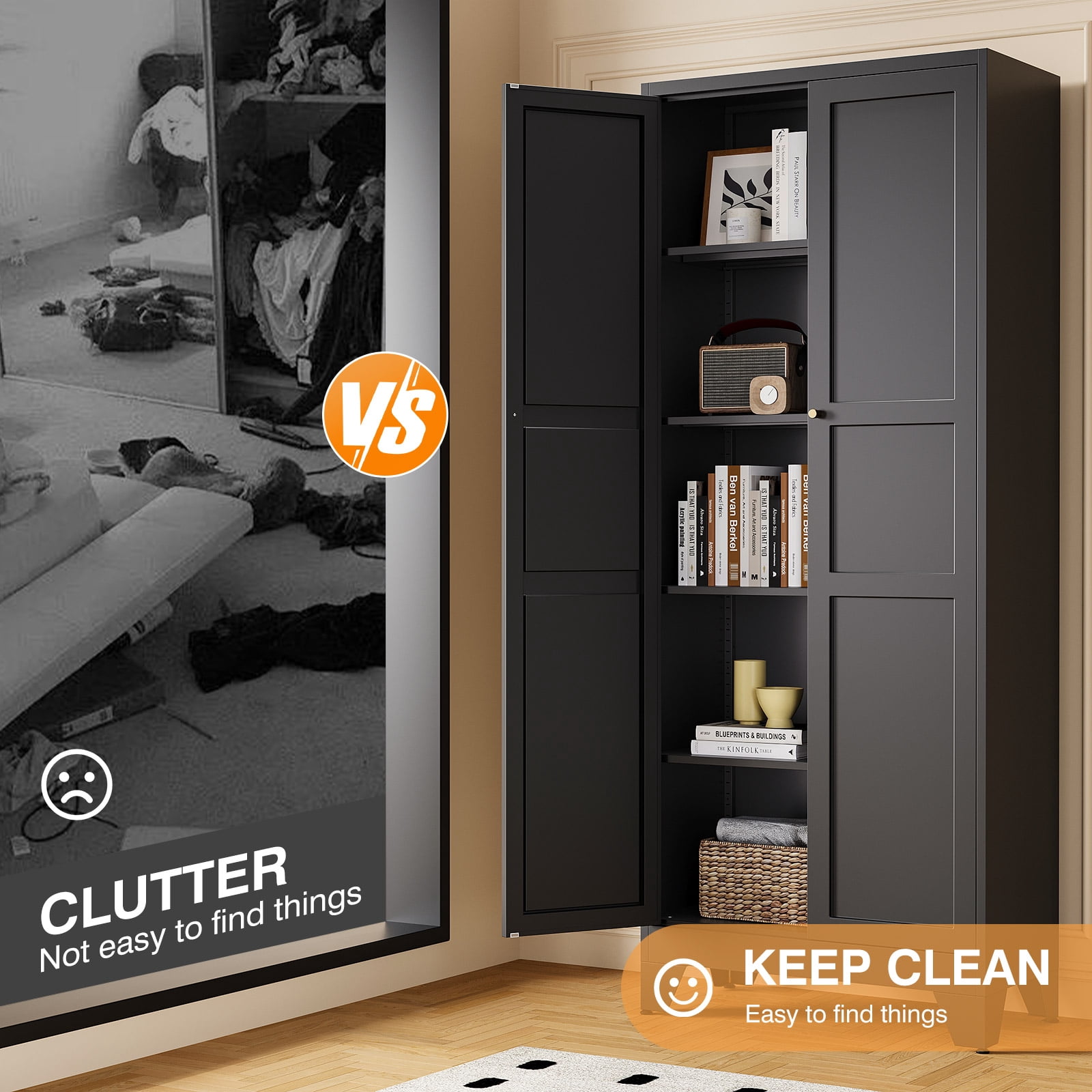 STANI 75"H Freestanding Storage Cabinet with 4 Adjustable Shelves and Legs, Metal/Alloy Steel, for Cupboard/Dining Room/Bathroom/Living Room/Office/Laundry Room (Black, 75"H)