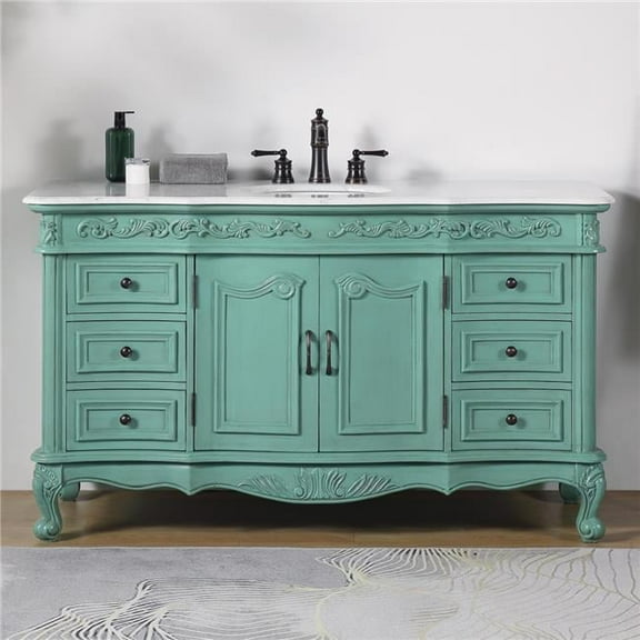 Silkroad Exclusive V0299NW60C 60 in. Carrara White Marble Top Single Sink Bathroom Vanity
