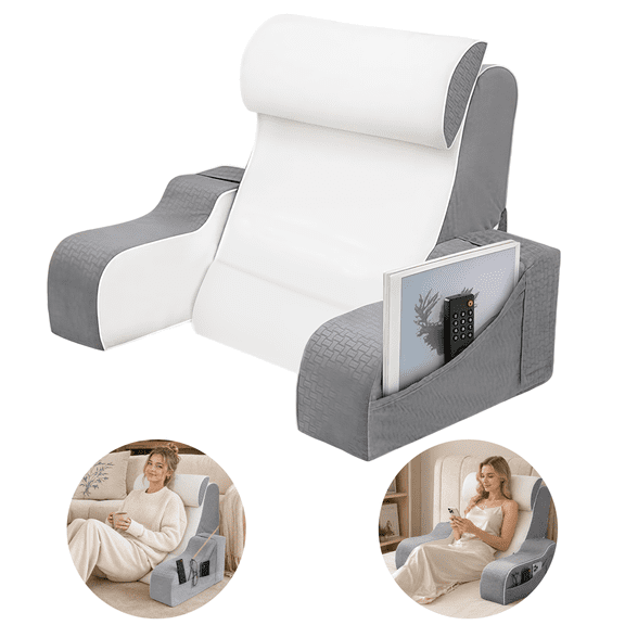 iFaveorr 2-in-1 Adjustable Reading Pillow with Armrests, Foldable Bed Wedge Back Support Pillow Side Storage Pockets for Reading Watching TV Bed Rest