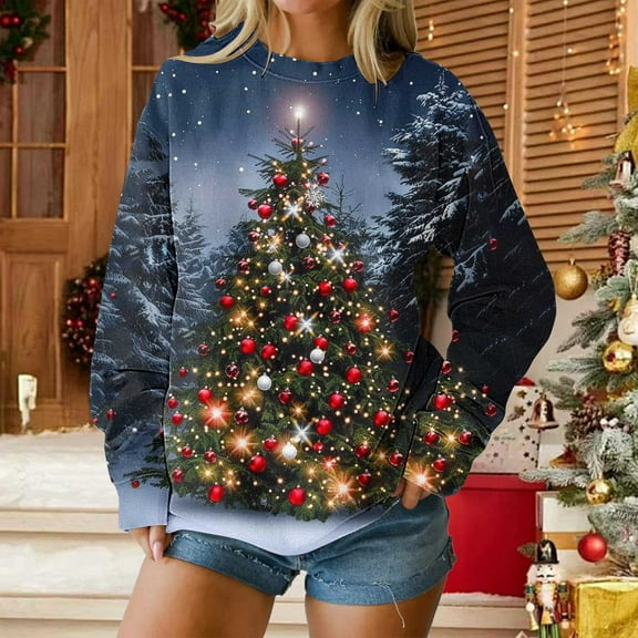 EchfiProm Womens Merry Christmas Sweatshirts Oversized Cute Sweatshirt Light Up Xmas Hoodless Long Sleeve Shirts for Adult