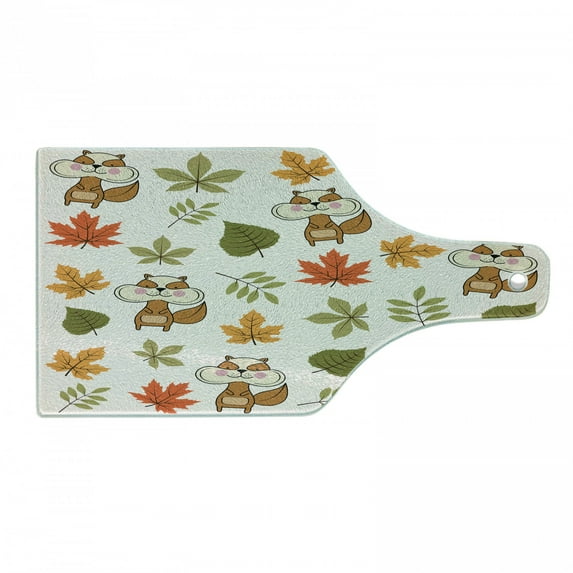 Squirrel Cutting Board, Autumn Doodle Forest Friend Leaves Pattern, Decorative Tempered Glass Cutting and Serving Board, in 3 Sizes, by Ambesonne