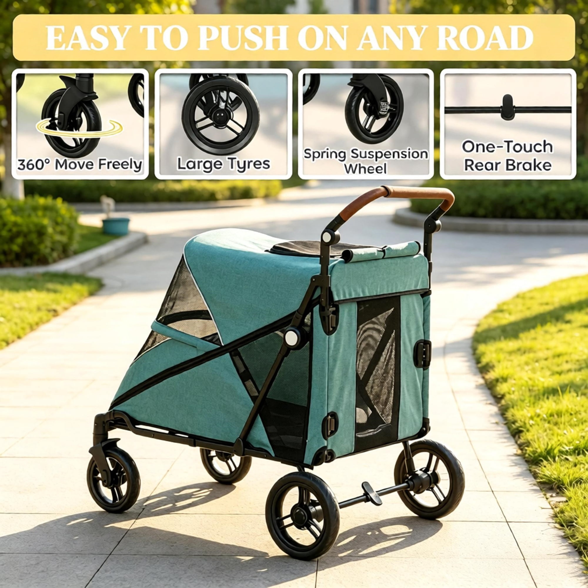 66 LBS Capacity Teal Pet Stroller for Large Dogs, All-Terrain Spring Suspension, 8-Position Adjustable Handle