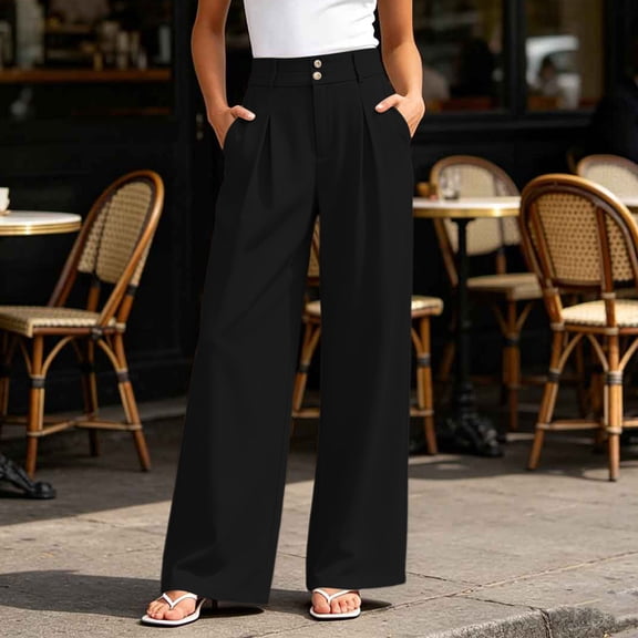 Cagogo Women Plus Size Wide Leg High Waisted Trousers with Pockets Solid Casual Office Long Trousers Pleated Dress Trousers, Black XL