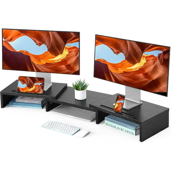 Dual Monitor Stand Riser, Adjustable Monitor Stand for Desk with 2 Slot, Desktop Organizer Stand for 2 Monitors, Multi-Purpose Desk Shelf Monitor Stand Riser for Computer, Laptop, PC, Black