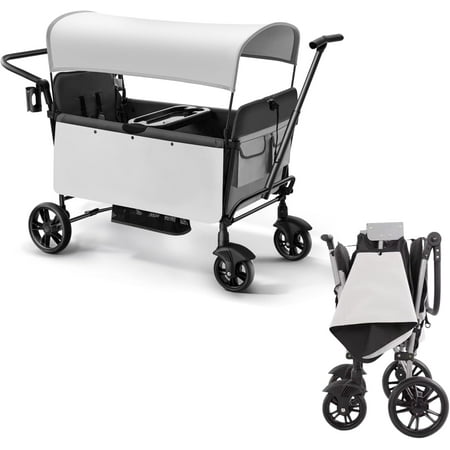 Foldable Stroller Wagon for 2 Kids, Wagon Stroller with Adjustable Handle-Bar, Push Pull Collapsible Stroller with Removable UV-Protection Canopy 5-Point Harness Shock-Absorbing Wheels, Grey