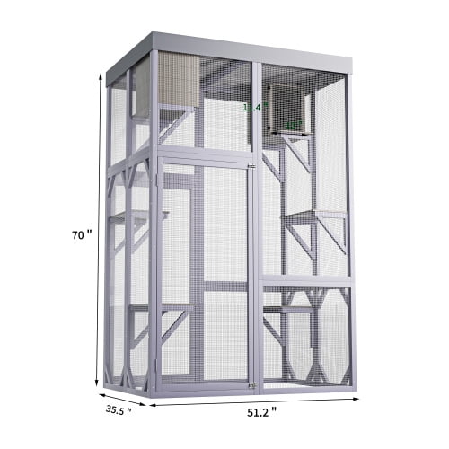 Outdoor Wooden Cat Enclosure with 4 Platforms and 2 Napping Houses, Multi-Level Cat Cage with Stepped Design for Patio Balcony, Gray