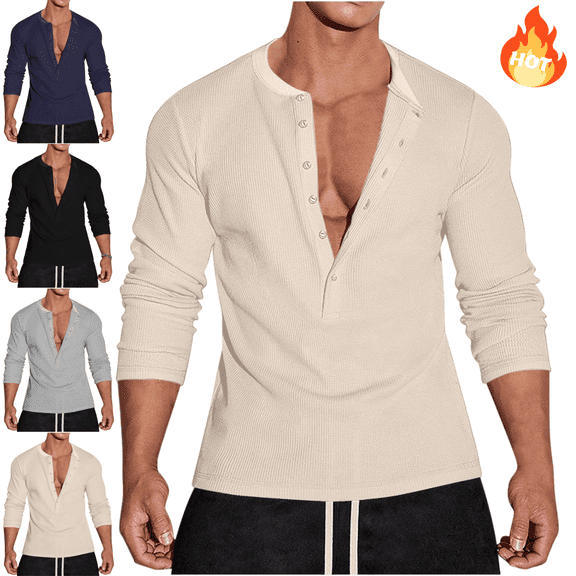 Mifsaly Long Sleeve Henley Shirts for Men Deep V-Neck Ribbed Casual Shirt Button Front Workout Tshirts Breathable Everyday Athletic Basic Tee L
