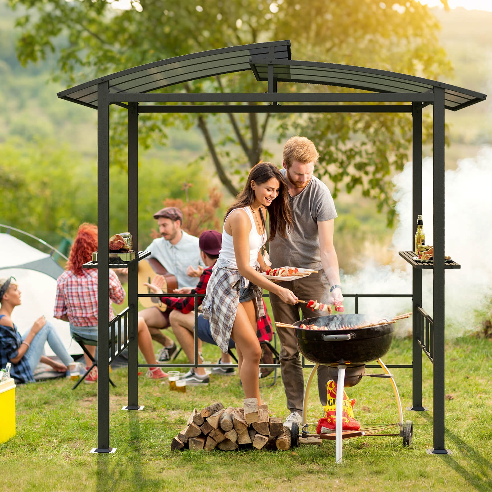 Costway 8' X 5' Hardtop Grill Gazebo with  Vented Polycarbonate Roof Side Shelves Hooks