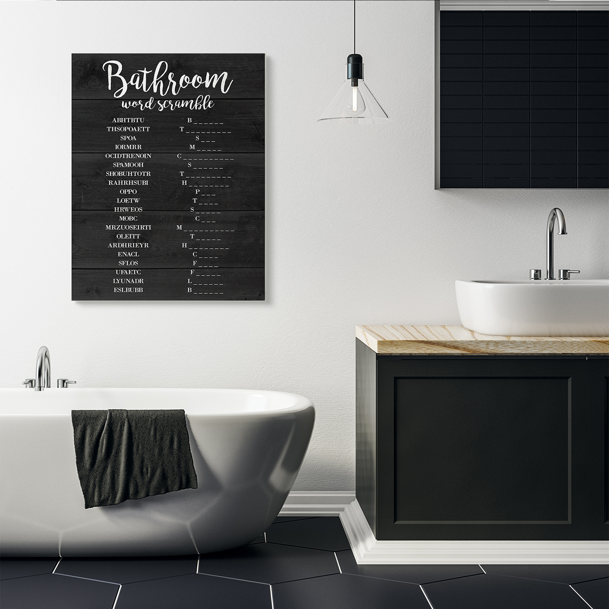 Stupell Home Décor Bathroom Word Scramble Black and White Design Canvas Wall Art by Daphne Polselli
