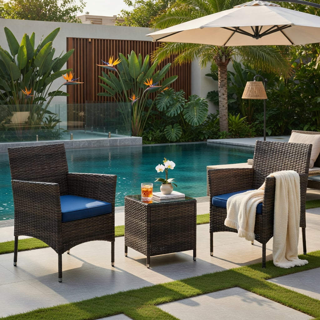 Hommoo 3-Piece Outdoor Patio Conversation Set, Cushioned Wicker Chairs + Square Tempered Glass Coffee Table, PE Rattan & Steel Frame, Navy
