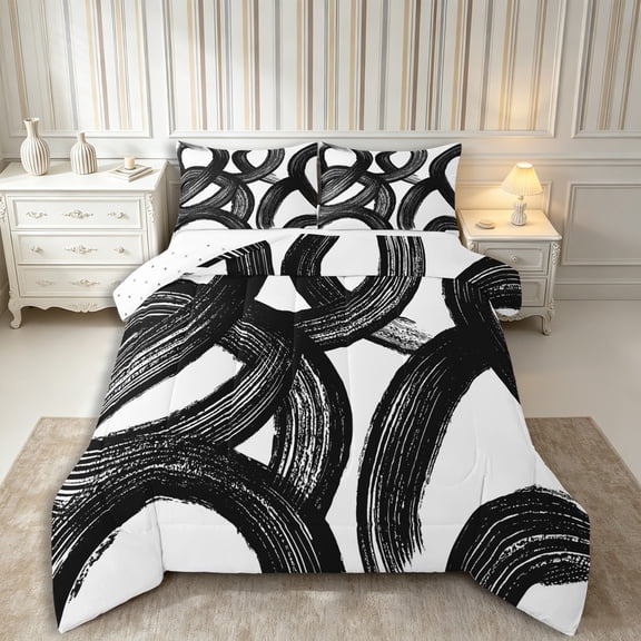 Castle Fairy Abstract Brush Ring Full Size Comforter Sets 3-Piece,Watercolor Curved Stroke Bedding Comforter Set,Black White,Reversible,1 Comforter and 2 Pillowcases