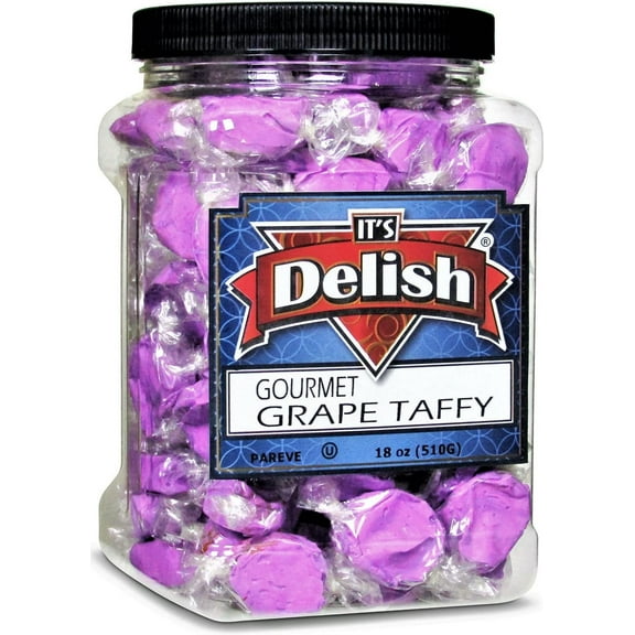 Purple Grape Taffy Chews by It's Delish, 18 Oz Jumbo Container - Individually Wrapped Gourmet Soft Fluff Taffy - Great Candy for Purple Themed Parties, USA Made,