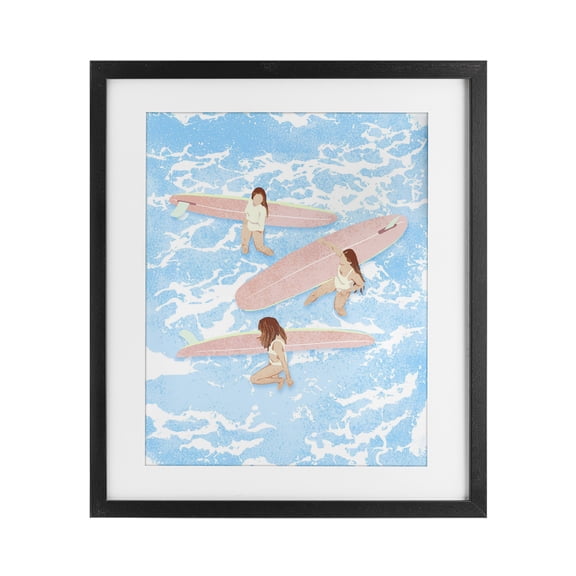 Surfing Girls Trio Black Framed Print Under Glass, design by Ziwei Li