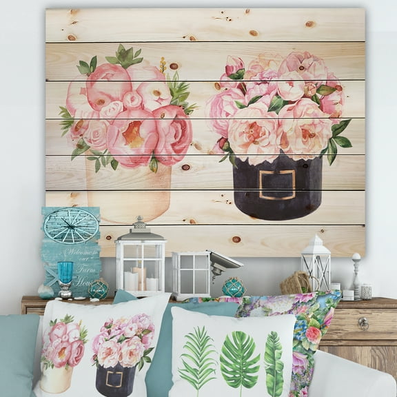 Designart 'Peonies and Rose With Flower Box' Farmhouse Print on Natural Pine Wood