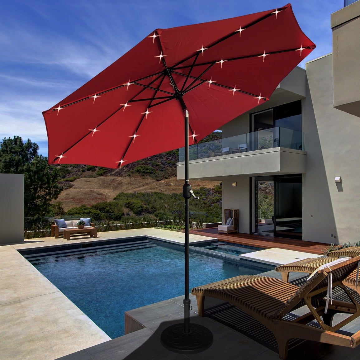 Abble 9 Feet Crank & Tilt Lighted Patio Umbrella-Red