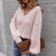 thumbnail image 3 of Mujeres rayas suéter de punto V cuello suelto manga larga Linda raya Jersey Top para otoño invierno rosa S, 3 of 6