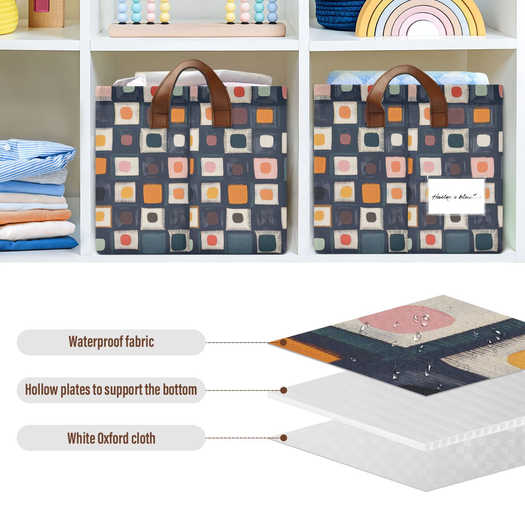 Yayeee Foldable Storage Basket for Shelves Set of 2 Waterproof Cloth Bins with Handles, Blue Circle Mosaic