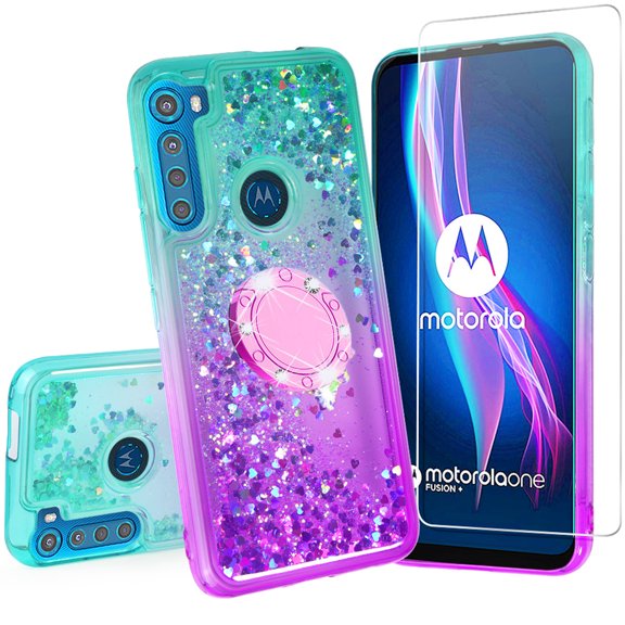 Phone Cover Compatible for Moto One Fusion Plus Case Liquid Floating Quicksand with Diamond Ring Stand for Magnetic Car Mount and Lanyard - Purple on Teal