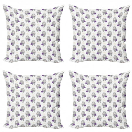 Hedgehog Throw Pillow Cushion Case Pack of 4, Cartoon Hipster Animal with a Bag with Leaves Pattern Autumn, Modern Accent Double-Sided Print, 4 Sizes, Pale Orange Purple, by Ambesonne