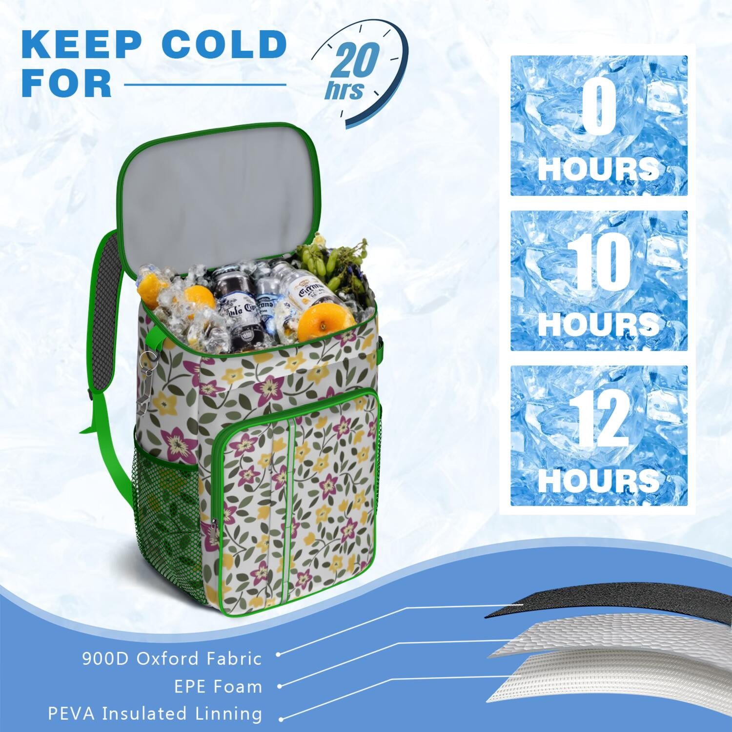 Travel Cooler Bag - Pioneer Flower Floral Print Pattern Camping Beer Cooler Backpack with Bottle Opener- Waterproof Insulated Picnic Backpacks - Cooler Bag for Beach
