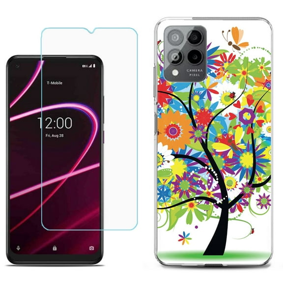 Slim-Fit Gel TPU Phone Case for T-Mobile Revvl 6 Pro 5G, with Tempered Glass Screen Protector, by OneToughShield ® - Colorful Tree