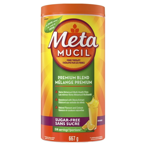 Supplément de poudre de fibres de psyllium mélange premium Metamucil, sans sucre avec stévia, arôme naturel d’orange 114 portions (656 g)
