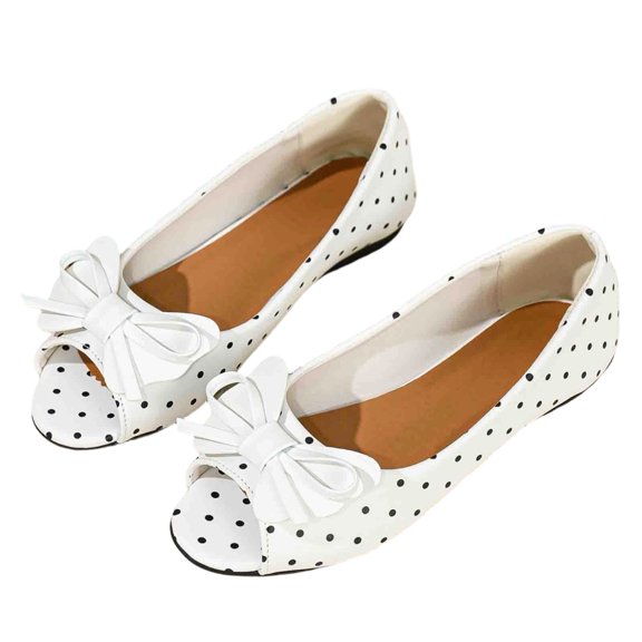Gpaecead Women's Polka Dot Bow Flats Peep Toe Vintage Slip On Cushioned Insole Non Slip Shoes For Commute And Casual, D-White