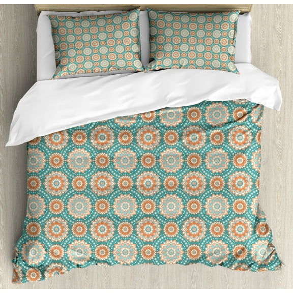 Lotus Queen Size Duvet Cover Set, Mandala Motifs of the Oriental Cultures with Bohemian Inspired Flower, Decorative 3 Piece Bedding Set with 2 Pillow Shams, Pale Blue Beige Peach, by Ambesonne