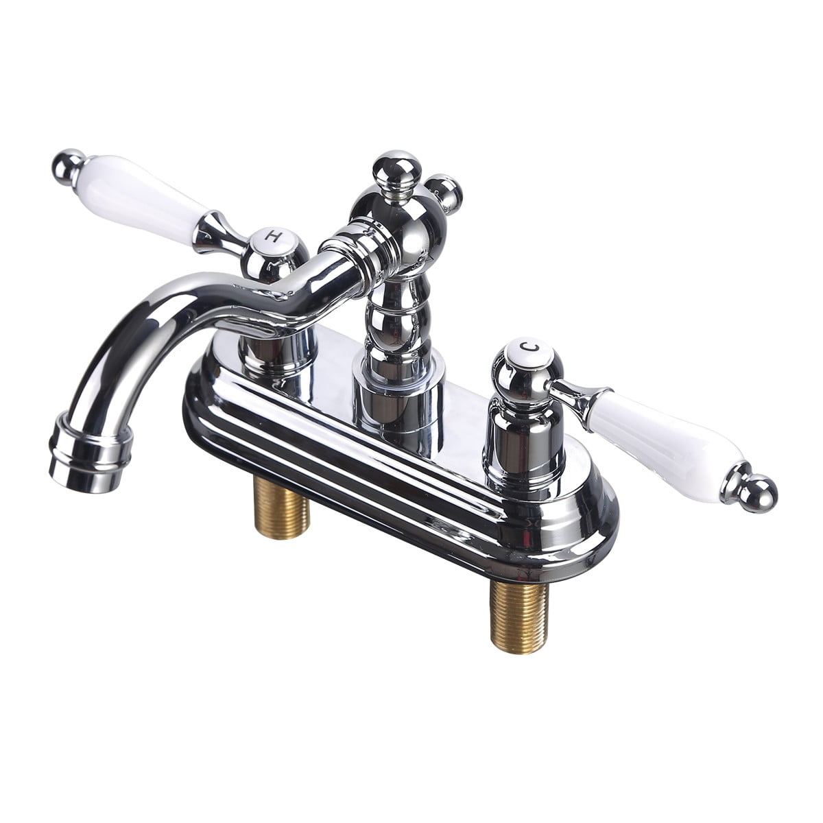 Chrome Polished Heavy Duty Brass Centerset Bathroom Sink Faucet 4" L Lux Belle Style White Double Handles Labeled Hot and Cold Accent Vanity Faucets with Supply Lines Renovators Supply Manufacturing