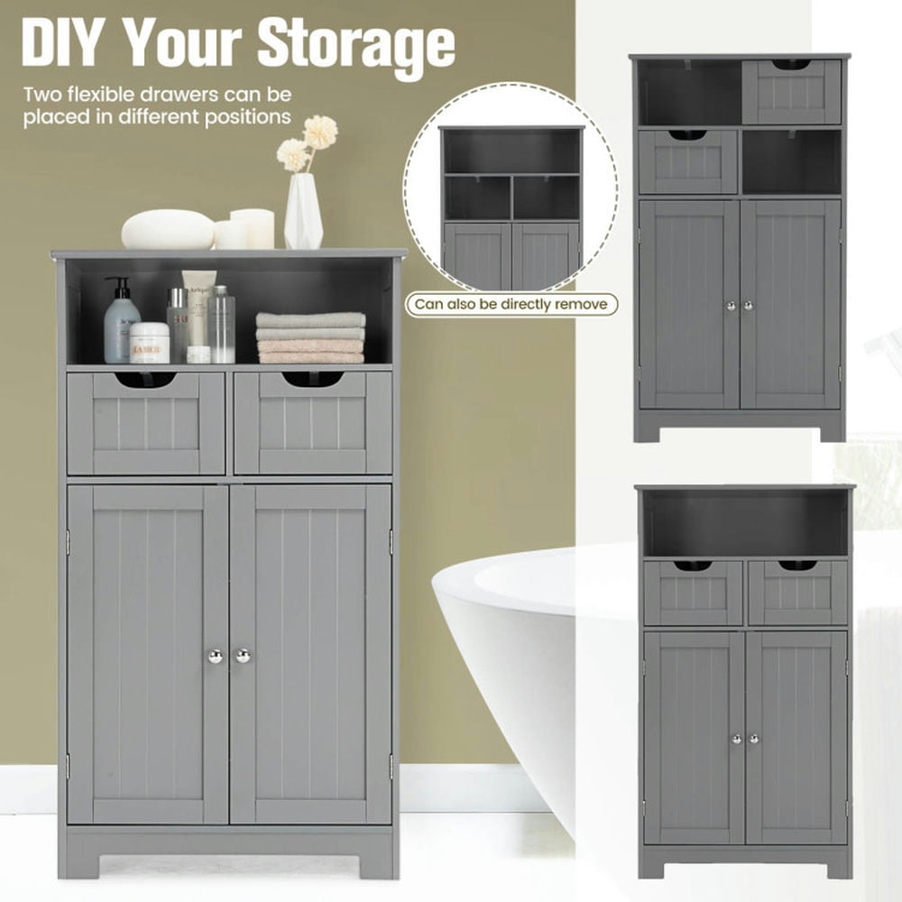 Finihen Storage Cabinet, Bathroom Floor Cabinet, Bathroom Wooden Side Cabinet with 2 Drawers and 2 Doors, for Bathroom, Living Room, Bedroom, Kitchen, Gray