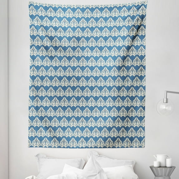 Damask Tapestry, Oriental Retro Style Flourishing Flower Motif Above the Clouds Vintage, Fabric Wall Hanging Decor for Bedroom Living Room Dorm, 5 Sizes, Slate Blue and Eggshell, by Ambesonne