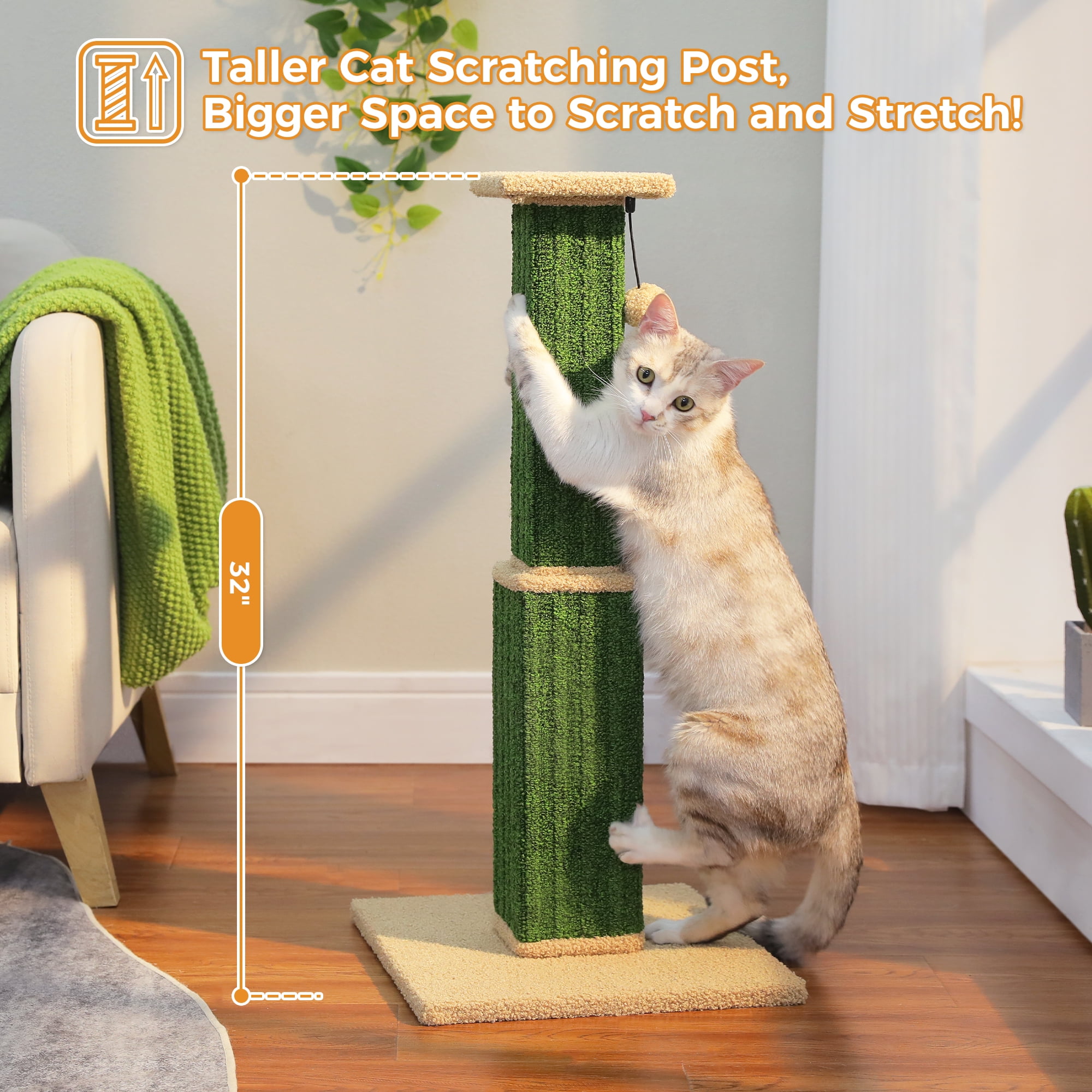 PAWZ Road 31" Cat Scratching Post Indoor Cat Scratcher with Plush Large Base, Green