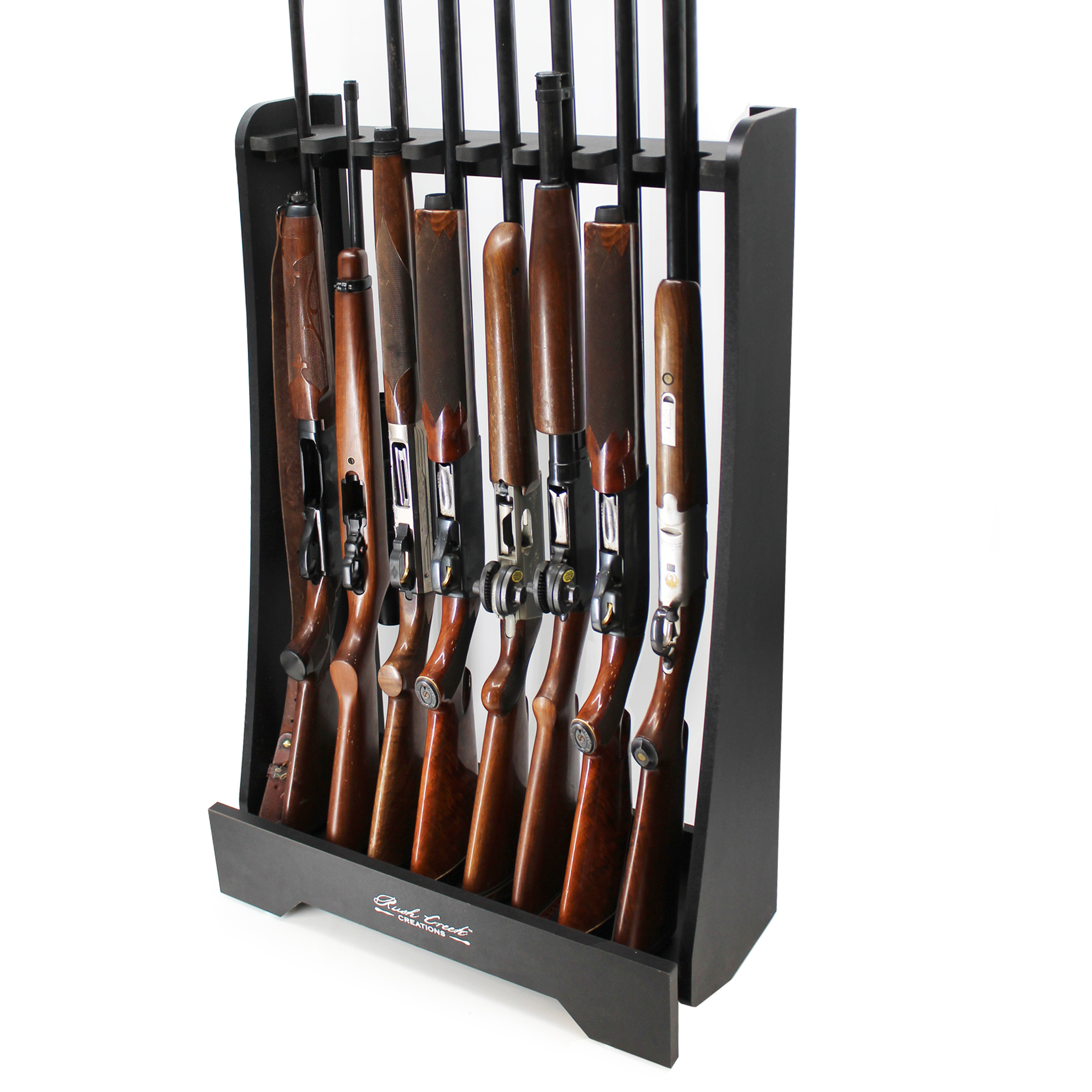 Rush Creek Creations Freestanding Indoor and Barn Wood 8-Gun Rack for Rifles or Shotguns, Gun Storage for 8 Real Guns, Alternative to Gun Safe for Rifles, Black