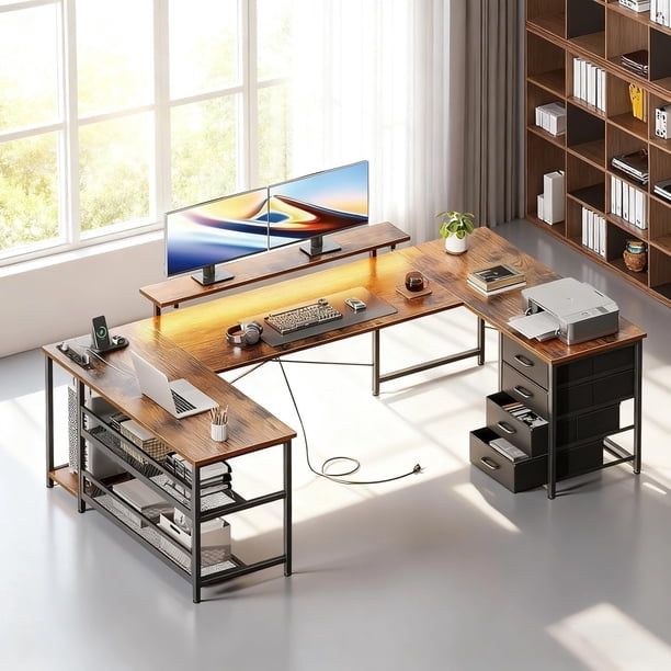 Escritorio Minimalista, Escritorios de Ordenador Reversible en Forma de U, Escritorio con Luz LED y Toma de Corriente USB, escritorios con CPU Estante y 4 Cajones 167 * 75.5 * 100CM (Marrón)
