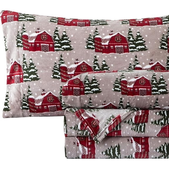 Elegant Comfort Ultra-Soft 4-Piece Holiday Velvet Plush Flannel Sheet Set - Warm Fuzzy Flannel Fleece with Deep Pockets - High-Quality - King, Snowybarn